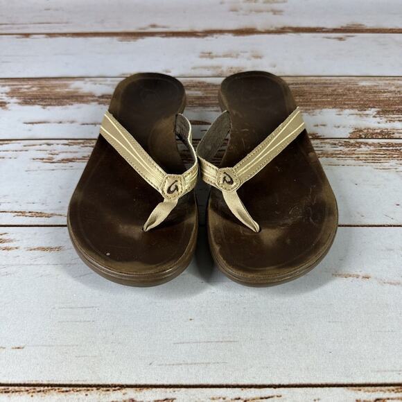 OluKai Aukai Women’s Leather Flip Flop Sandals Beige Sz 8 - Picture 1 of 10